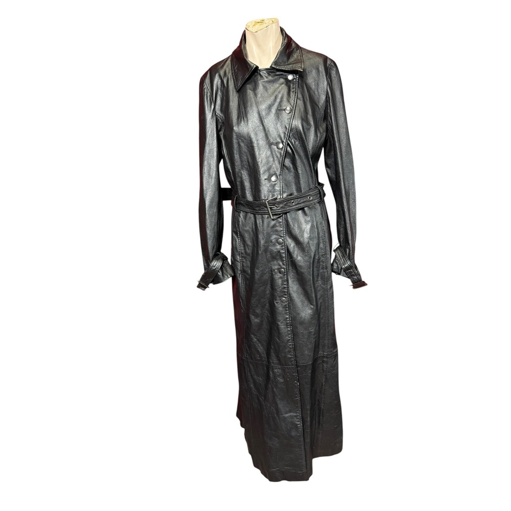 Newport News Vintage 90s Leather Trench Coat Belted Maxi Jacket Black Size 10